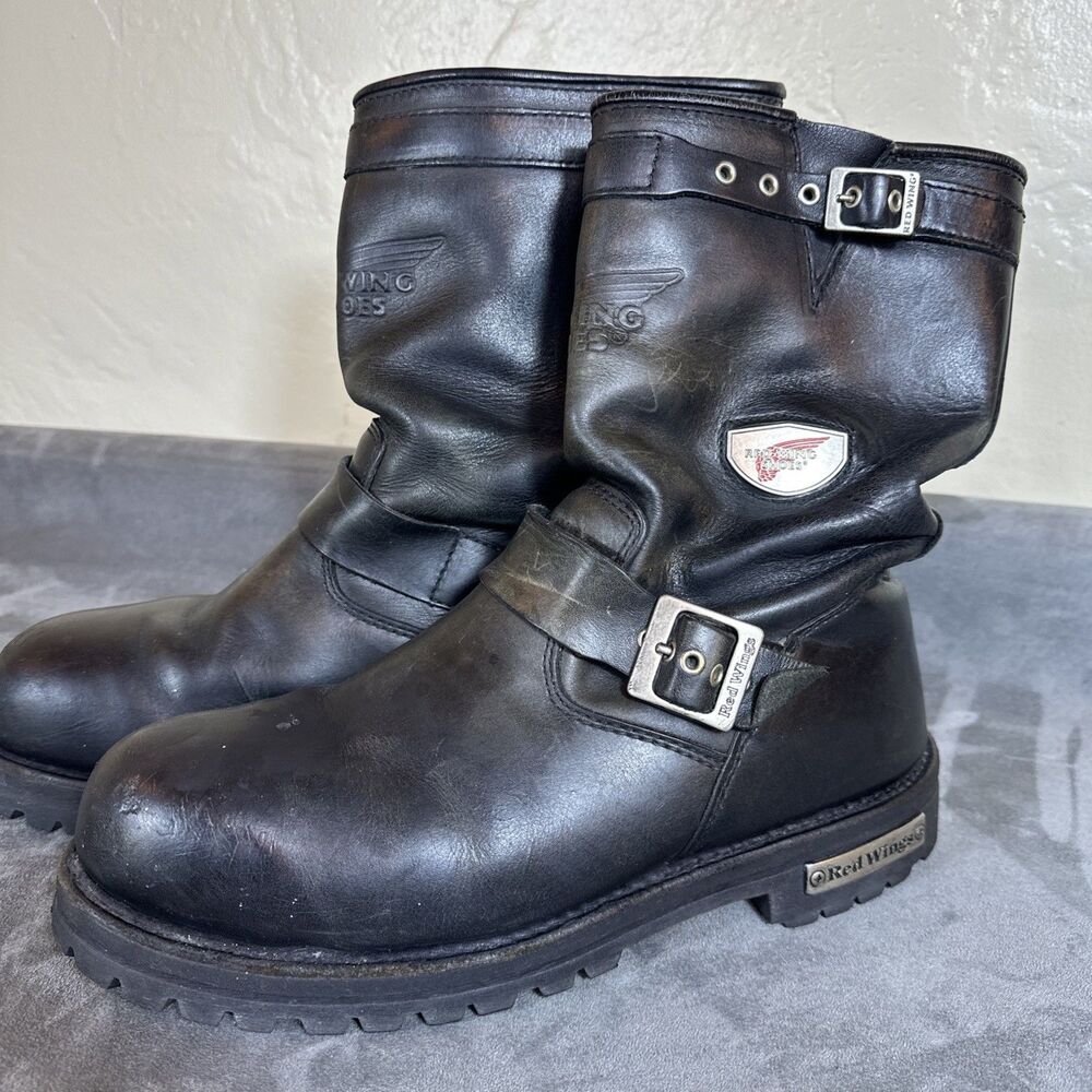 Red Wing 11 D Engineer Boots Vibram Screw Black Leather VTG Stock 988 Steel Toe